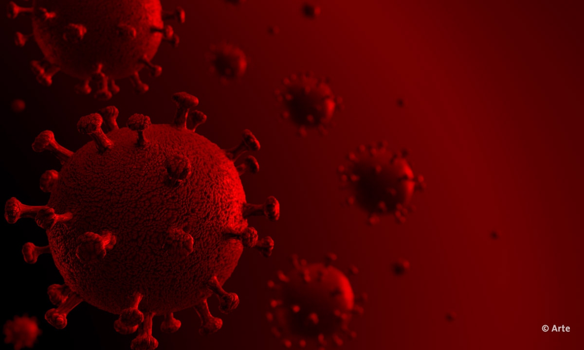 Logo der Arte-Sendung VIRAL: Nahaufnahme von Corona-Viren in roter Farbe (© Arte)