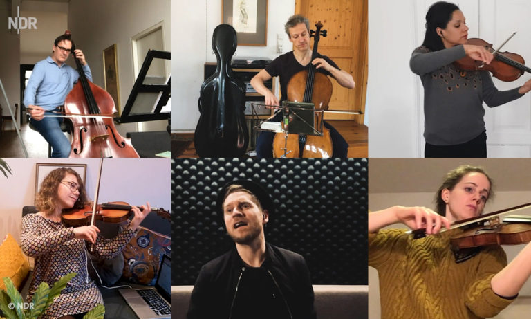NDR Kultur trotz Corona: Blick auf sechs Musiker*innen, die trotz Corona im Homeoffice weiter musizieren (© NDR)