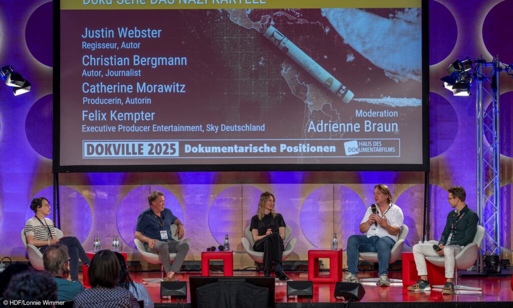 Justin Webster (Regisseur und Autor), Catherine Morawitz (Producerin und Autorin), Christian Bergmann (Autor und Journalist) und Felix Kempter (Executive Producer Entertainment, Sky Deutschland)